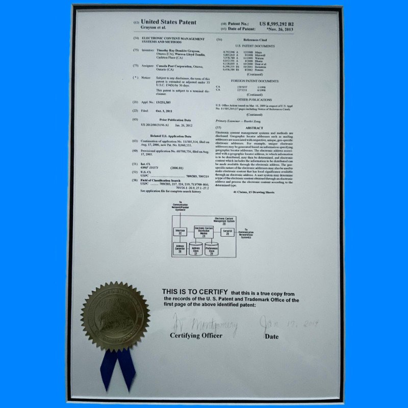 Image of one of the patents issued to Timothy Grayson by the USPTO, representing the many ideas and innovations Timothy Grayson has revealed